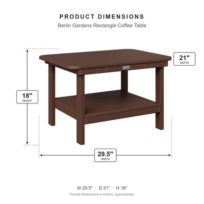 Berlin Gardens Rectangle Coffee Table dimensions: 29.5 in W x 21 in D x 18 in H