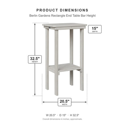 Berlin Gardens Rectangle End Table Bar Height dimensions: 20.5 in W x 15 in D x 32.5 in H