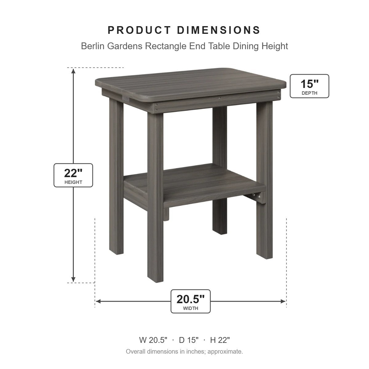 Berlin Gardens Rectangle End Table Dining Height dimensions: 20.5 in W x 15 in D x 22 in H