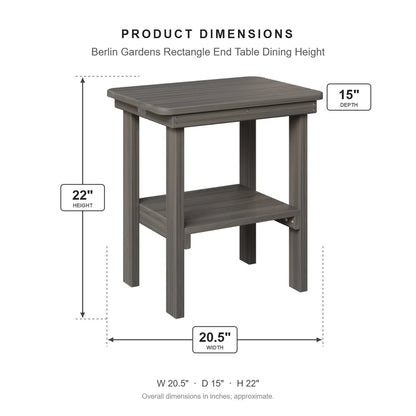 Berlin Gardens Rectangle End Table Dining Height dimensions: 20.5 in W x 15 in D x 22 in H
