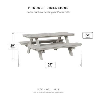 Berlin Gardens Rectangular Picnic Table dimensions: 58 in W x 72 in D x 29 in H