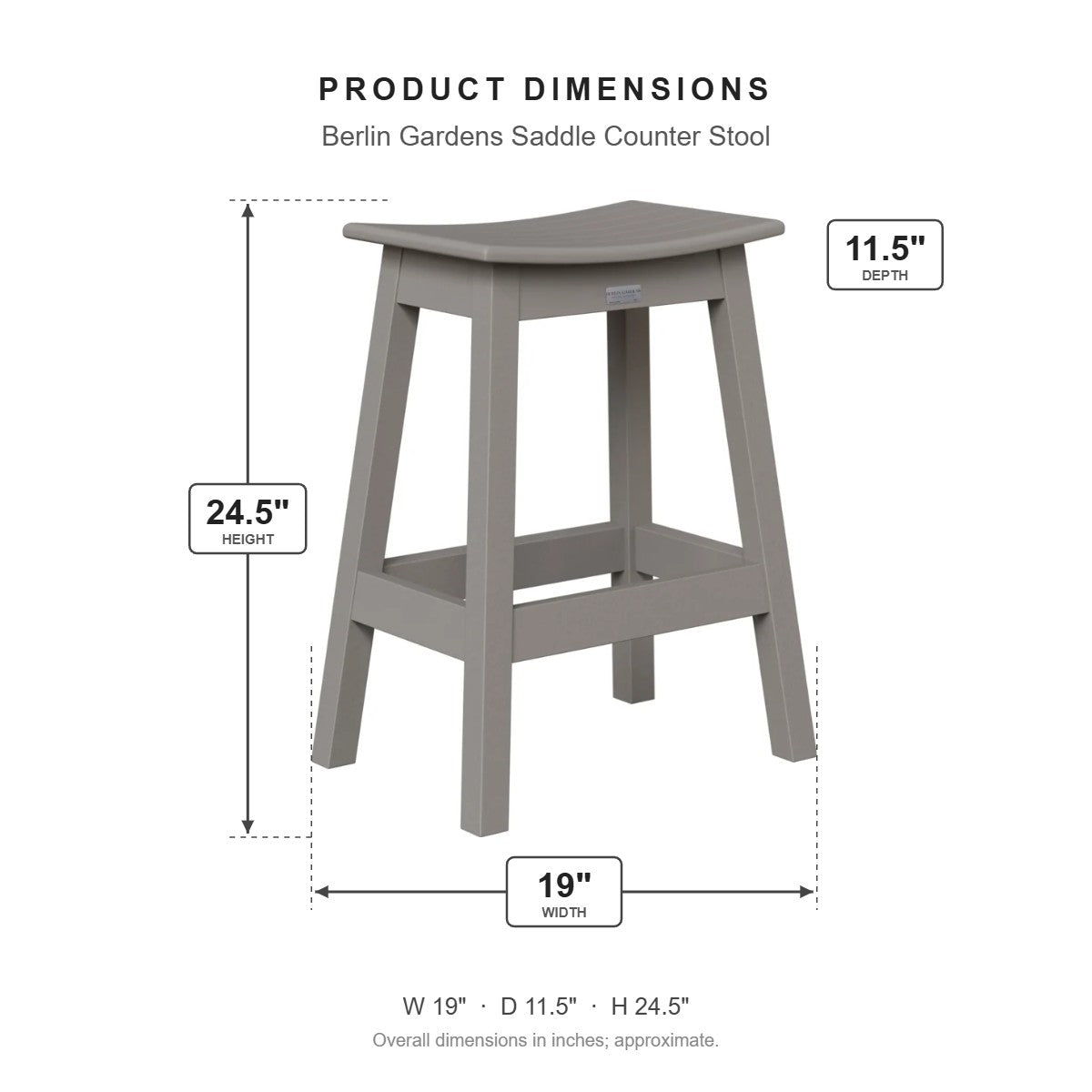Berlin Gardens Saddle Counter Stool dimensions: 19 in W x 11.5 in D x 24.5 in H