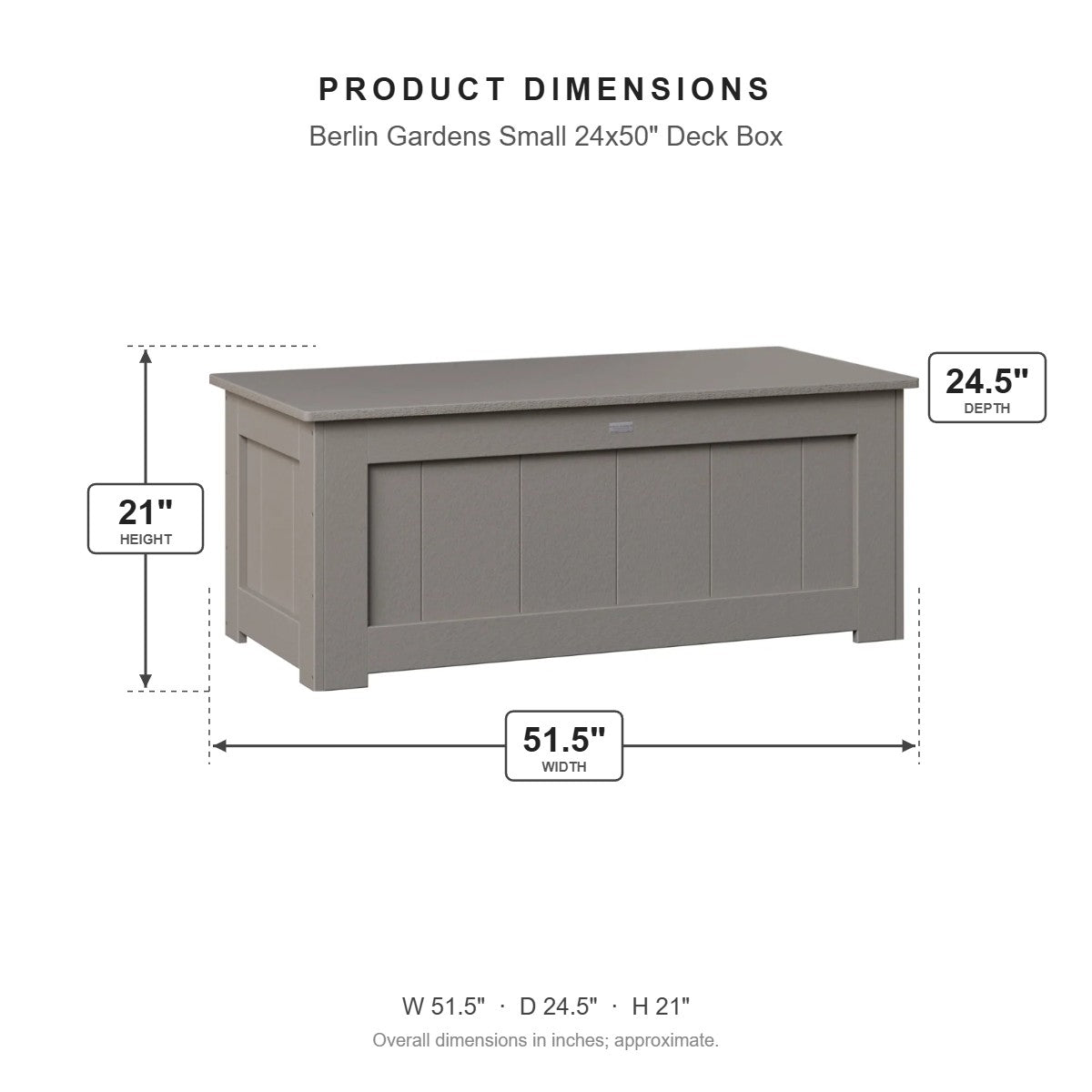 Berlin Gardens Small 24x50" Deck Box dimensions: 51.5 in W x 24.5 in D x 20.875 in H