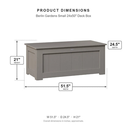 Berlin Gardens Small 24x50" Deck Box dimensions: 51.5 in W x 24.5 in D x 20.875 in H