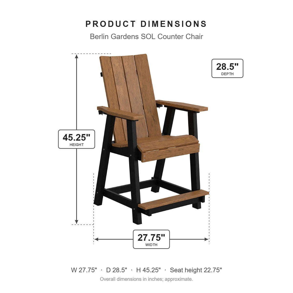 Berlin Gardens SOL Counter Chair dimensions: 27.75 in W x 28.5 in D x 45.25 in H