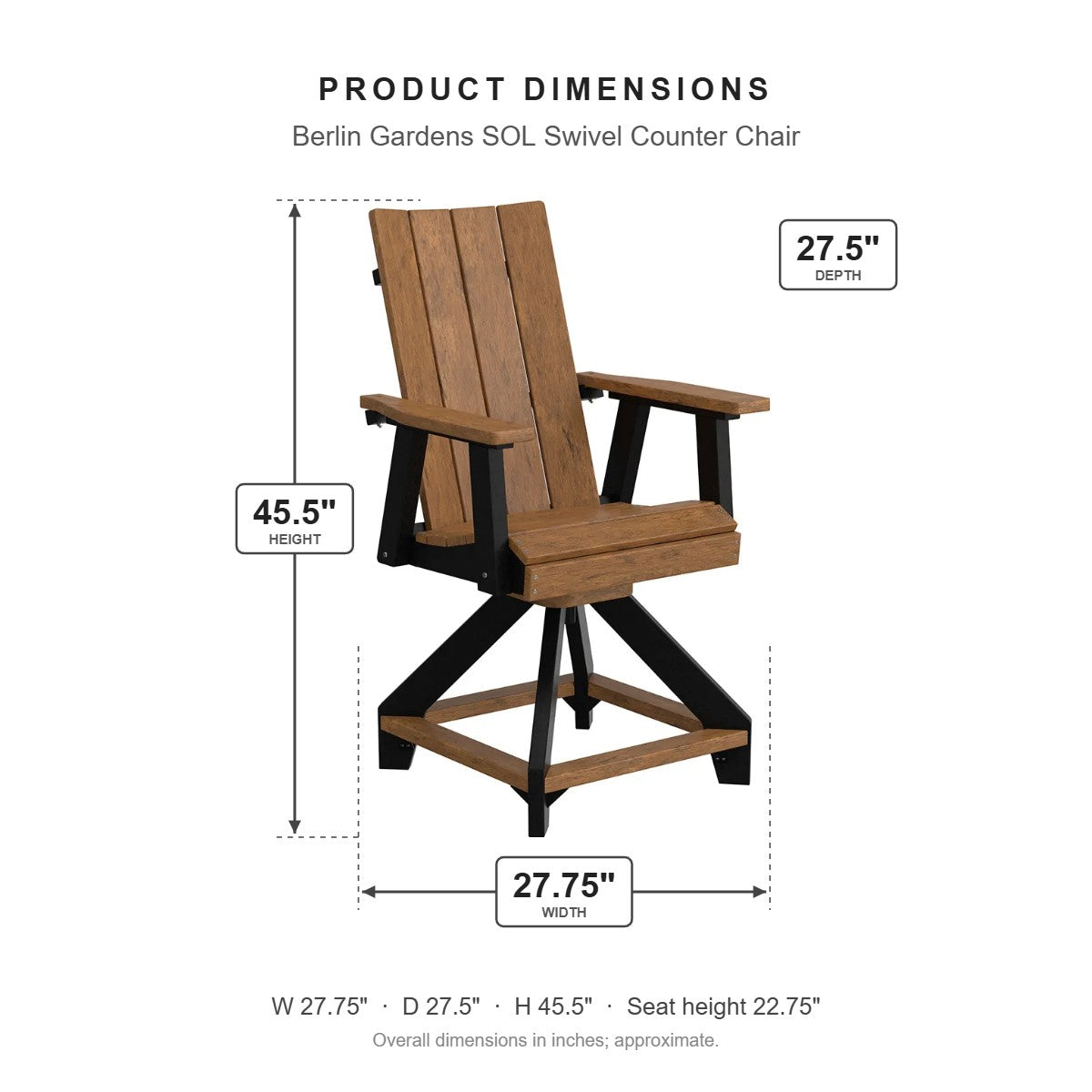 Berlin Gardens SOL Swivel Counter Chair dimensions: 27.75 in W x 27.5 in D x 45.5 in H
