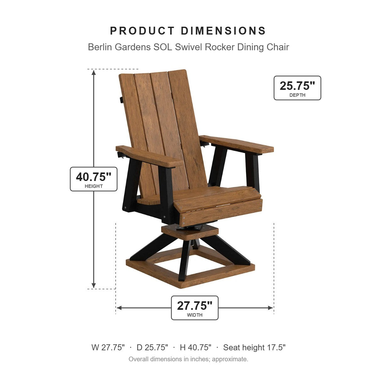 Berlin Gardens SOL Swivel Rocker Dining Chair dimensions: 27.75 in W x 25.75 in D x 40.75 in H