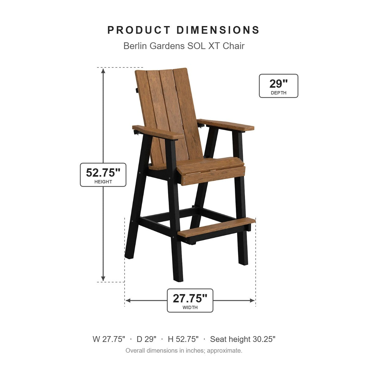Berlin Gardens SOL XT Chair dimensions: 27.75 in W x 29 in D x 52.75 in H