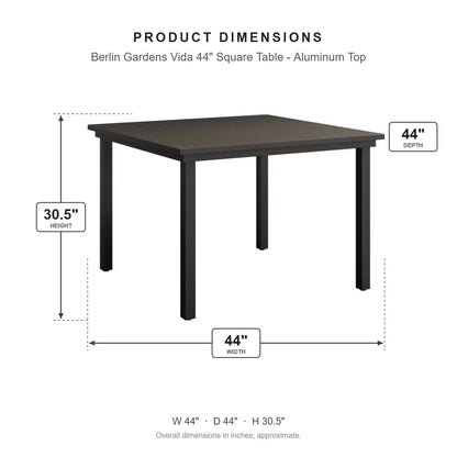 Berlin Gardens Vida 44" Square Table - Aluminum Top dimensions: 44 in W x 44 in D x 30.375 in H