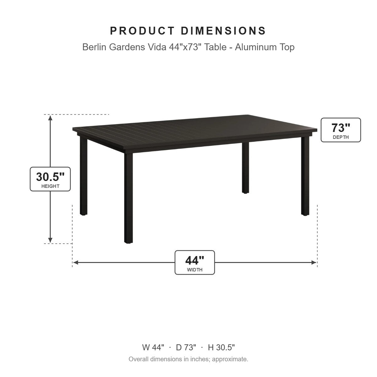 Berlin Gardens Vida 44"x73" Table - Aluminum Top dimensions: 44 in W x 73 in D x 30.375 in H