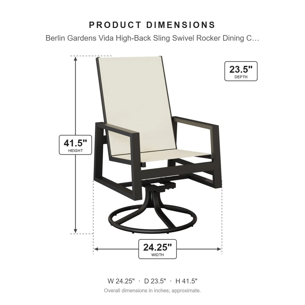 Berlin Gardens Vida High-Back Sling Swivel Rocker Dining Chair dimensions: 24.25 in W x 23.5 in D x 41.375 in H