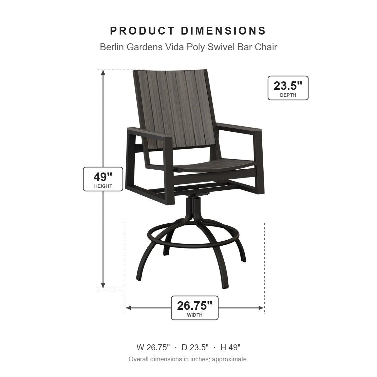 Berlin Gardens Vida Poly Swivel Bar Chair dimensions: 26.75 in W x 23.5 in D x 49 in H