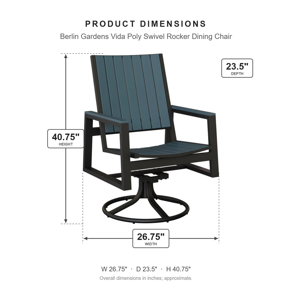 Berlin Gardens Vida Poly Swivel Rocker Dining Chair dimensions: 26.75 in W x 23.5 in D x 40.75 in H