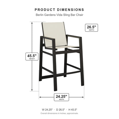Berlin Gardens Vida Sling Bar Chair dimensions: 24.25 in W x 26.375 in D x 45.5 in H