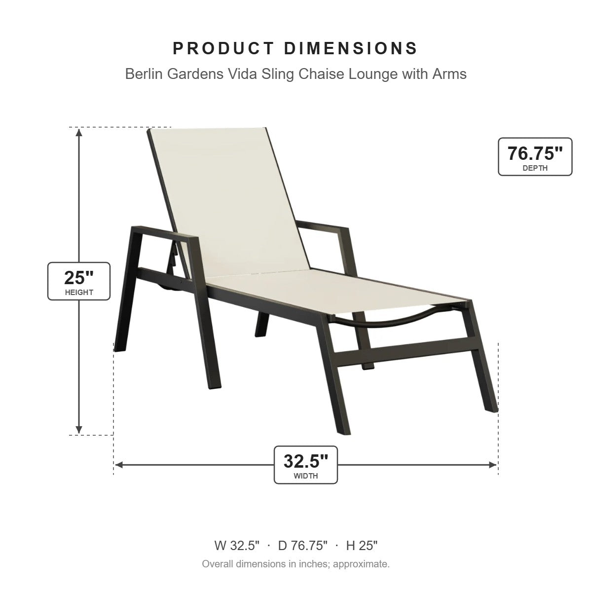 Berlin Gardens Vida Sling Chaise Lounge with Arms dimensions: 32.5 in W x 76.75 in D x 25 in H