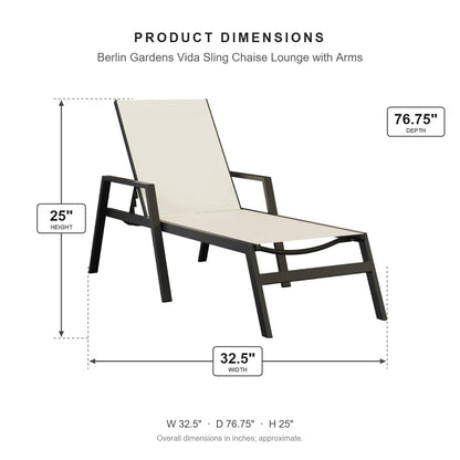 Berlin Gardens Vida Sling Chaise Lounge with Arms dimensions: 32.5 in W x 76.75 in D x 25 in H