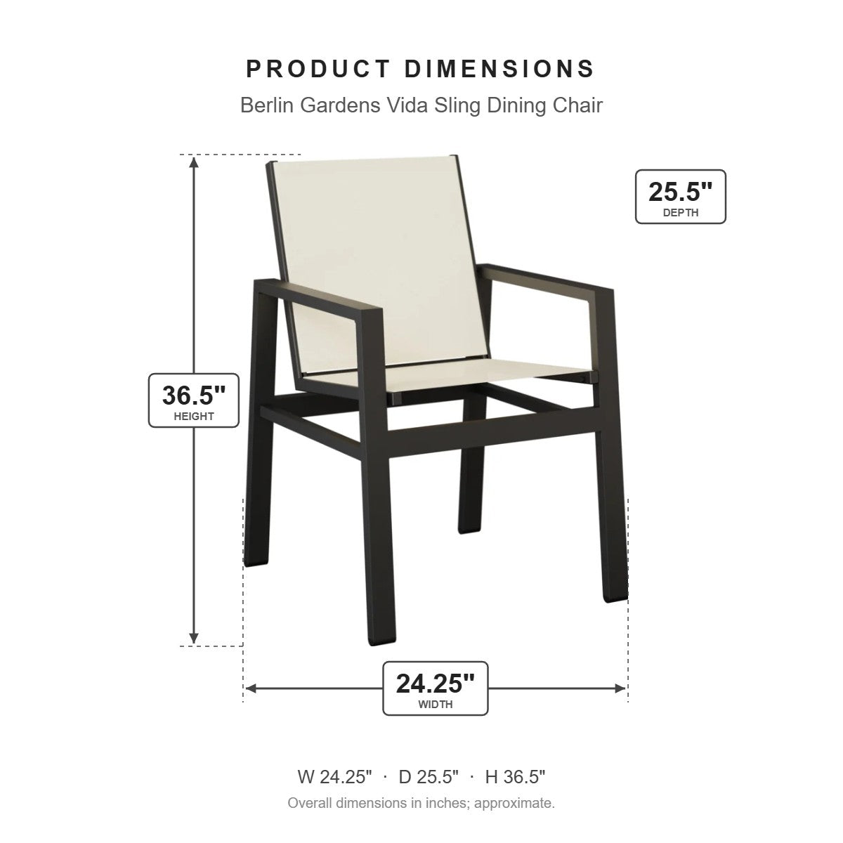 Berlin Gardens Vida Sling Dining Chair dimensions: 24.25 in W x 25.375 in D x 36.375 in H