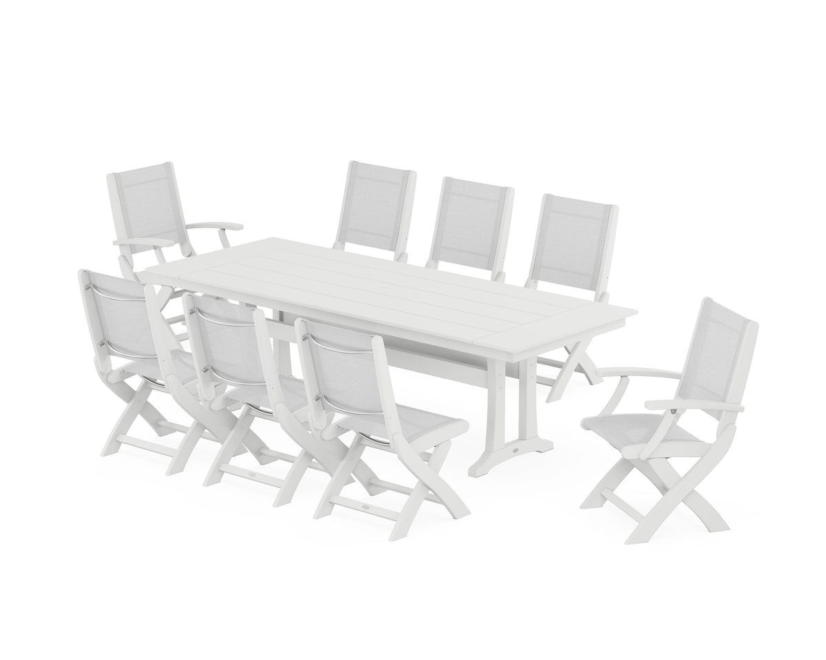 POLYWOOD Coastal 9-Piece Folding Dining Chair Farmhouse Dining Set with Trestle Legs in White / White