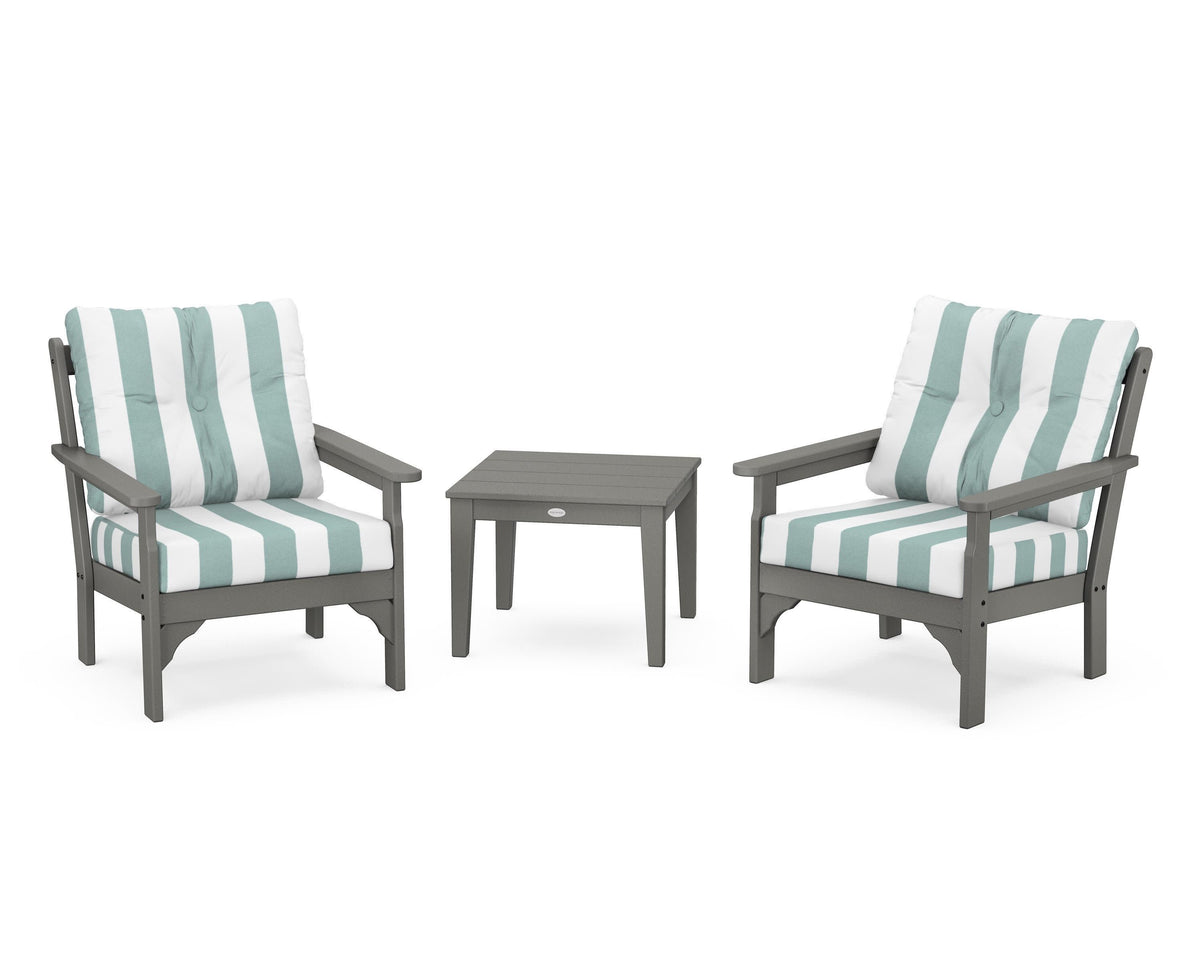 POLYWOOD Vineyard 3-Piece Deep Seating Set in Slate Grey / Cabana Stripe Glacier Spa