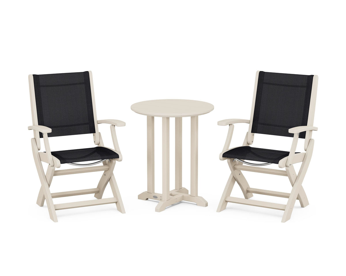 POLYWOOD Coastal Folding 3-Piece Round Bistro Dining Set in Sand / Black