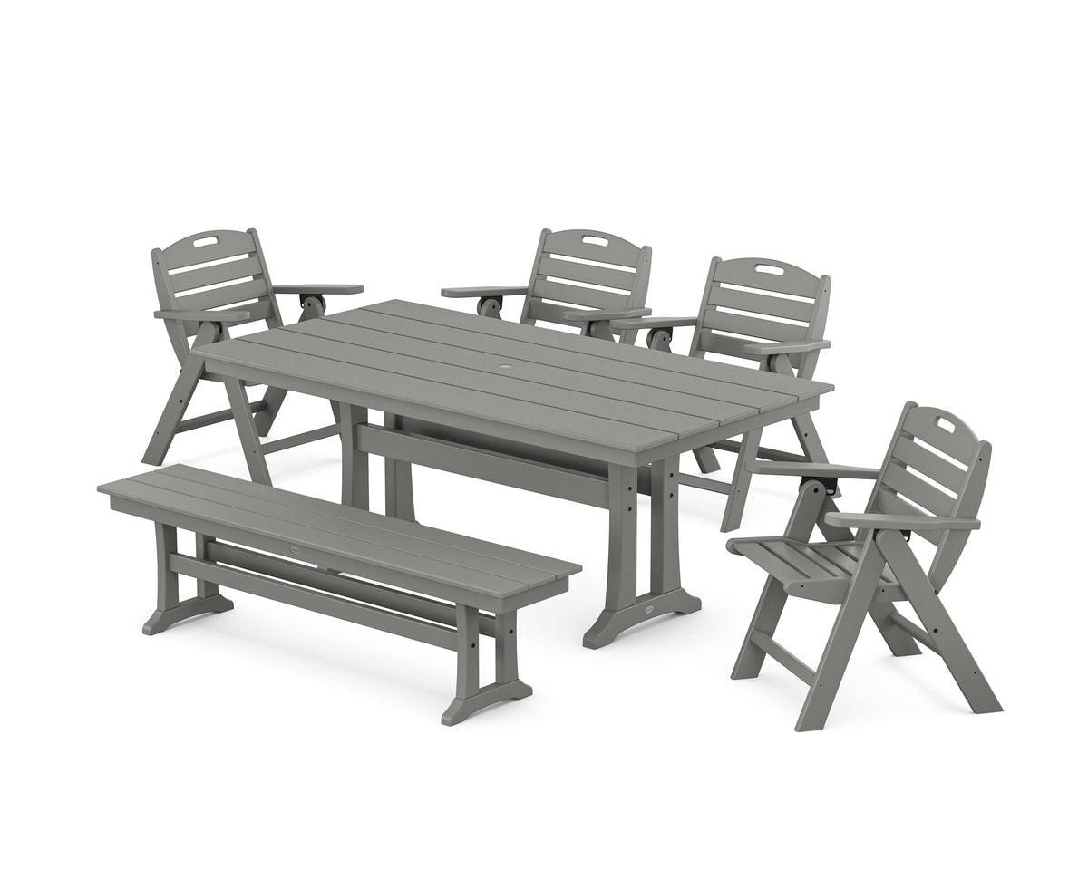 POLYWOOD Nautical Lowback 6-Piece Farmhouse Dining Set with Trestle Legs and Bench in Slate Grey