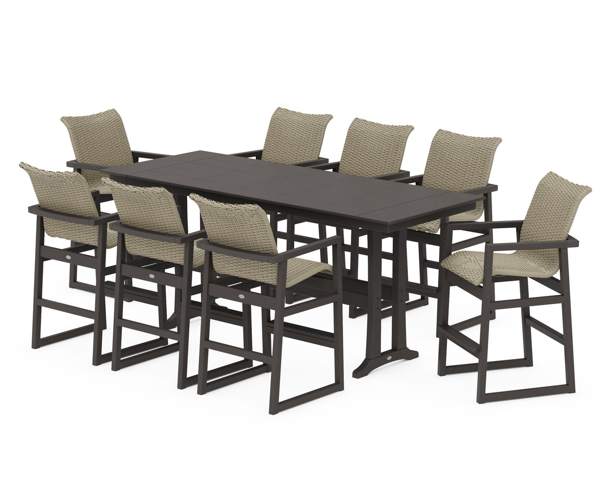 POLYWOOD EDGE Woven 9-Piece Farmhouse Bar Set with Trestle Legs in Vintage Coffee / Dune Grass