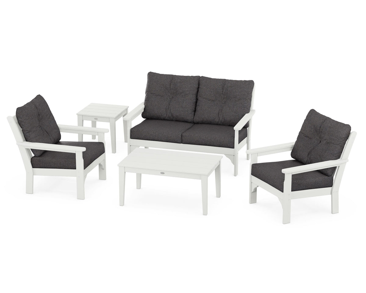 POLYWOOD Vineyard 5-Piece Deep Seating Set with Two Chairs and Loveseat in Vintage White / Ash Charcoal