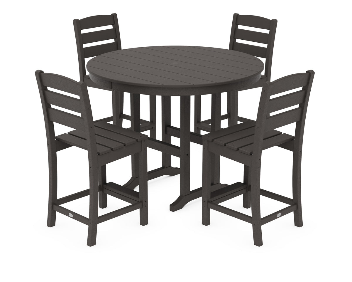 POLYWOOD Lakeside 5-Piece Farmhouse Round Side Chair Counter Set in Vintage Coffee