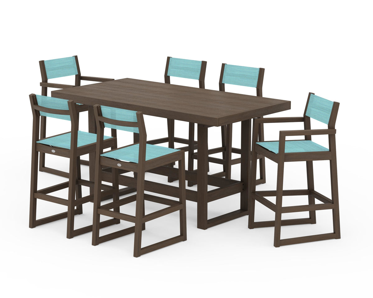 POLYWOOD EDGE Sling 7-Piece Bar Table Set in Kona / Dupioni Aquamarine