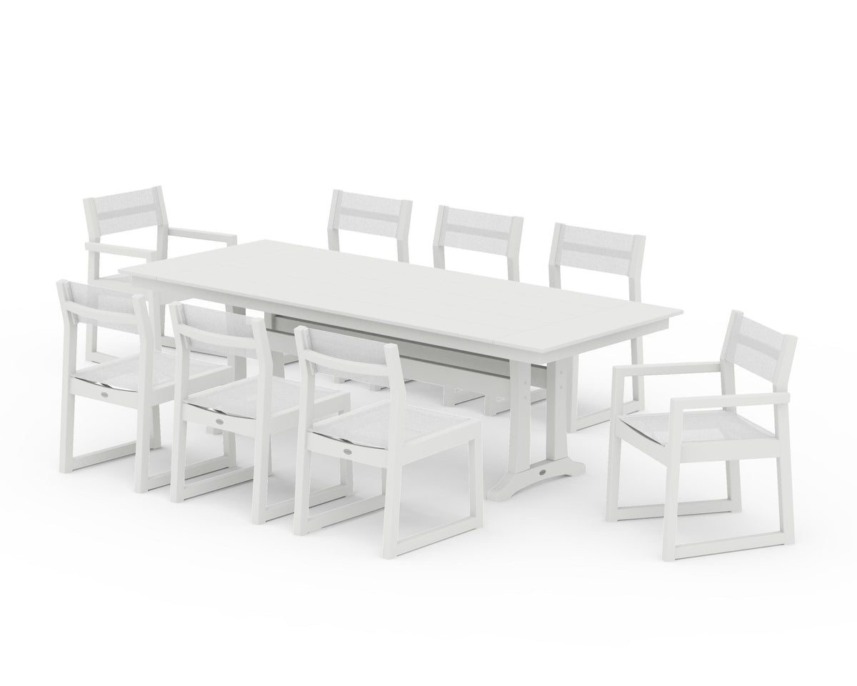 POLYWOOD EDGE Sling 9-Piece Farmhouse Trestle Dining Set in Vintage White / White