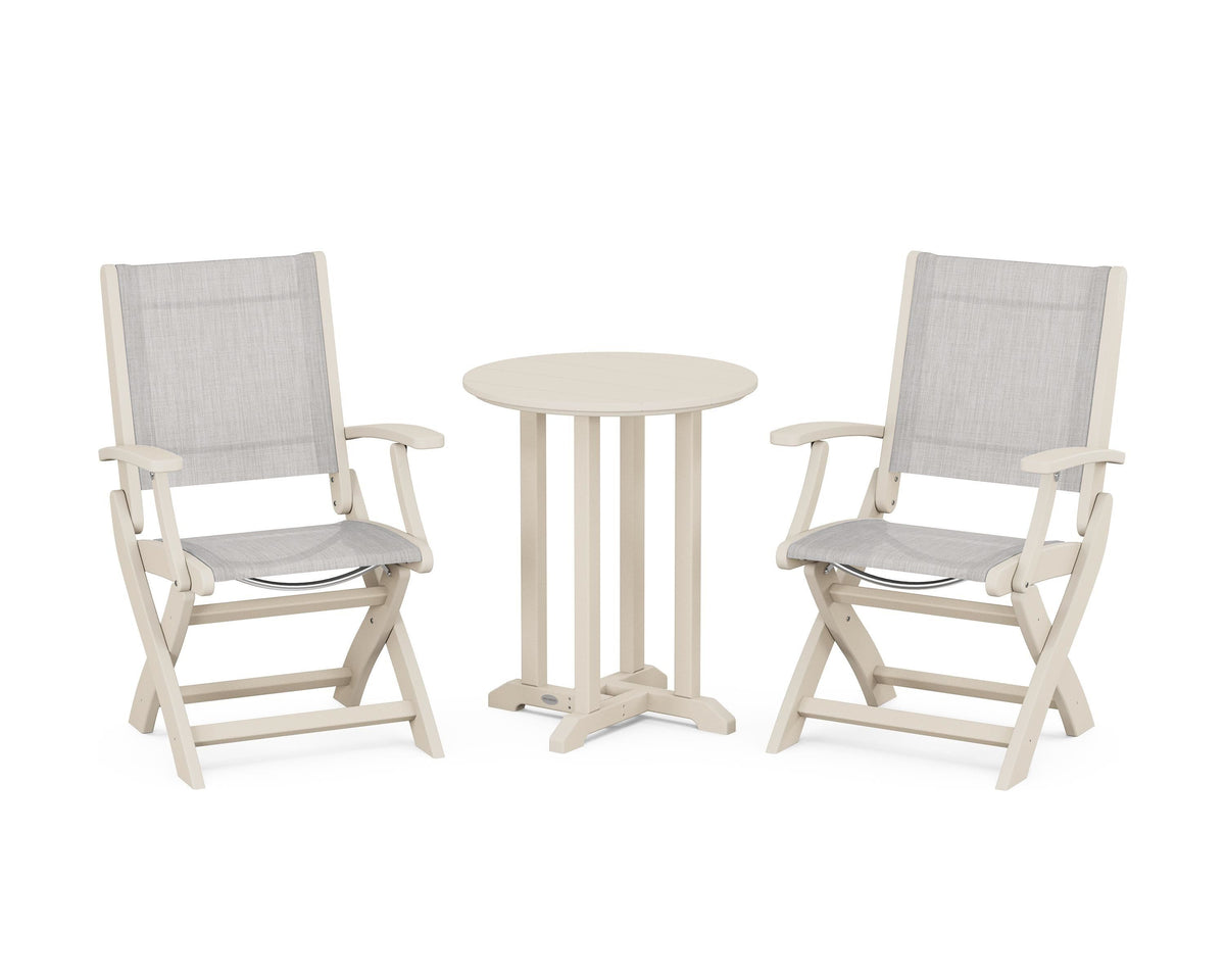 POLYWOOD Coastal Folding 3-Piece Round Bistro Dining Set in Sand / Parchment