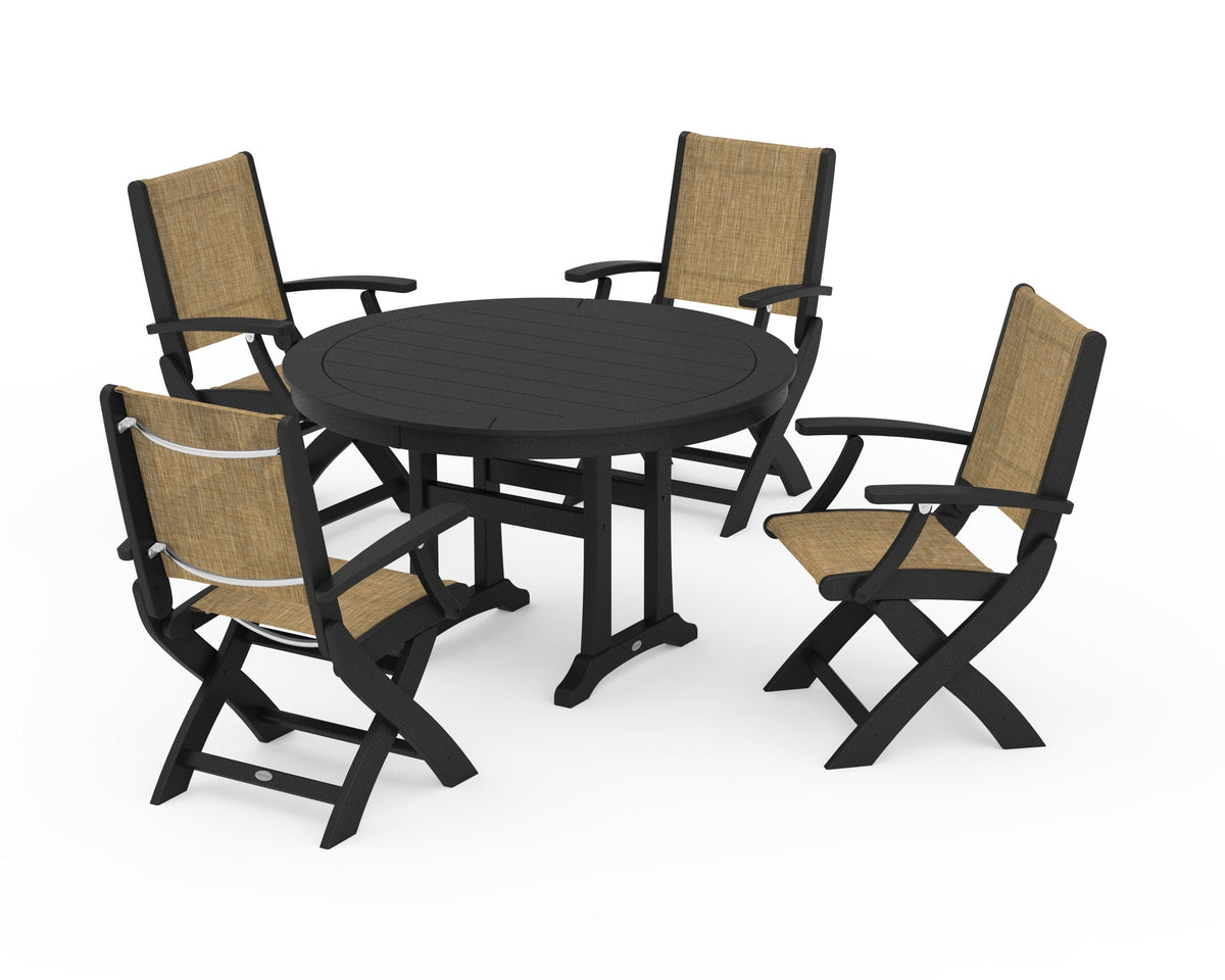 POLYWOOD Coastal Folding Chair 5-Piece Round Dining Set with Trestle Legs in Black / Burlap