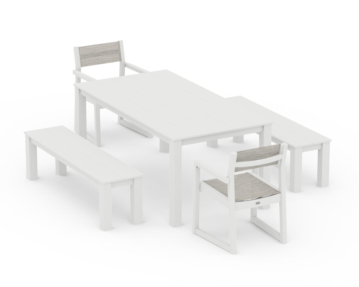 POLYWOOD EDGE Sling Arm Chair 5-Piece Parsons Dining Set with Benches in Vintage White / Birch