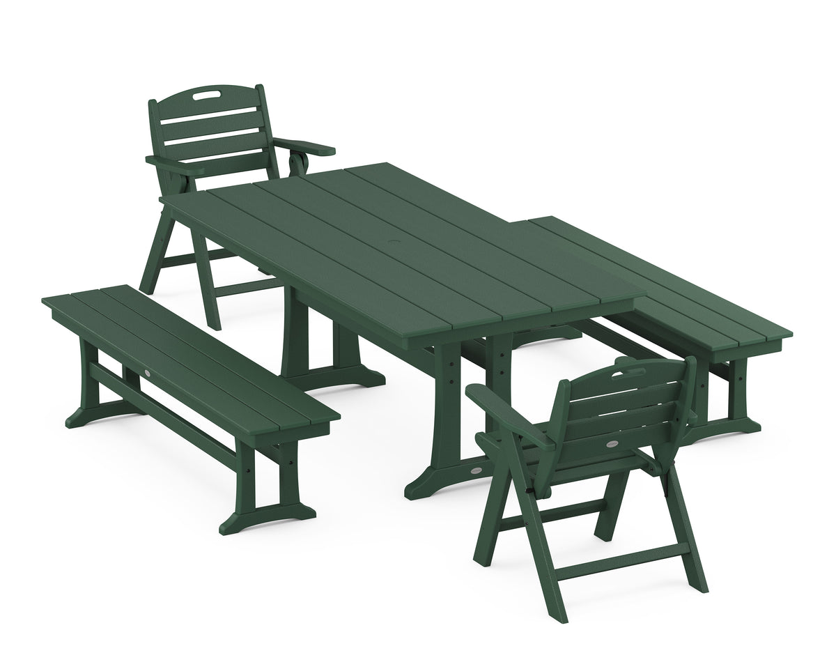 POLYWOOD Nautical Folding Lowback Chair 5-Piece Farmhouse Dining Set with Trestle Legs - 37" x 72" Table in Green