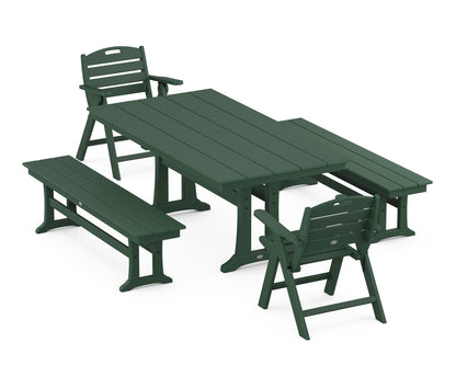 POLYWOOD Nautical Folding Lowback Chair 5-Piece Farmhouse Dining Set with Trestle Legs - 37" x 72" Table in Green