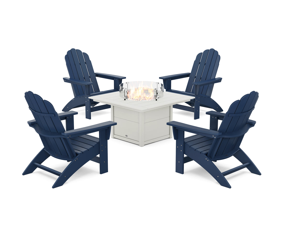 POLYWOOD 5-Piece Vineyard Grand Adirondack Conversation Set with Fire Pit Table in Navy / White