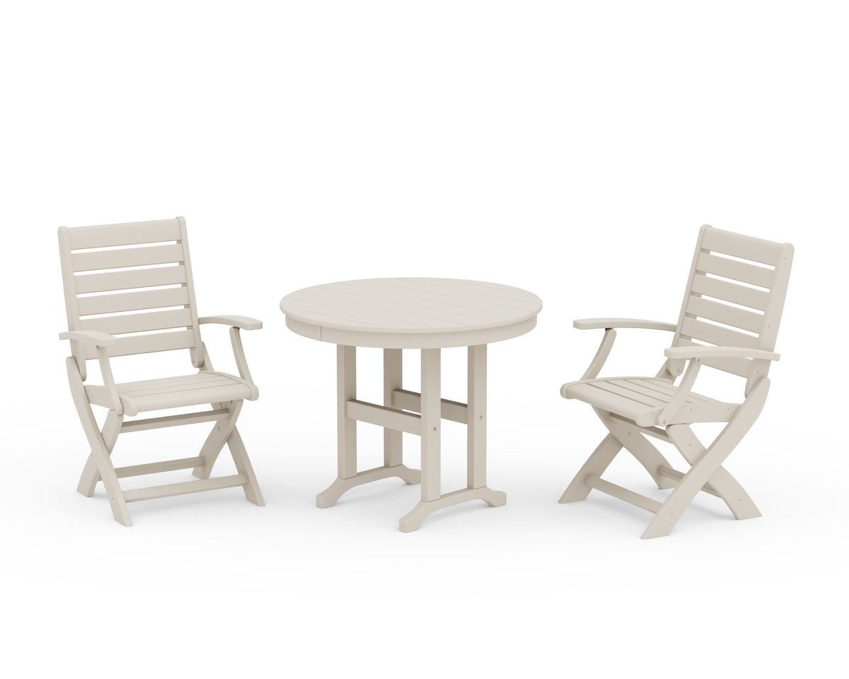 POLYWOOD Signature Folding Chair 3-Piece Round Farmhouse Dining Set in Sand