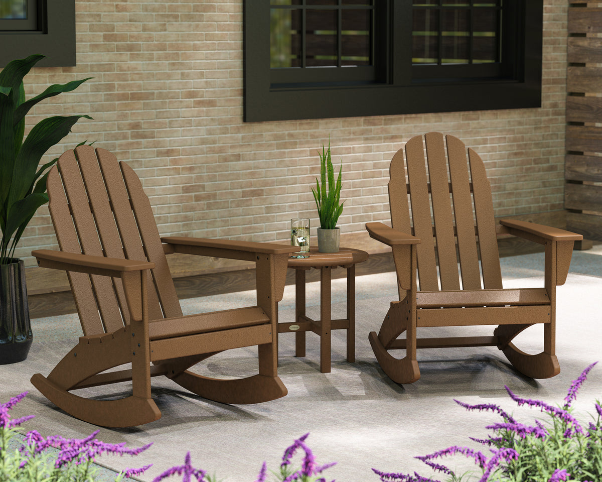 POLYWOOD Vineyard 3-Piece Adirondack Rocking Chair Set with 18" Round Table in Teak styled outdoors