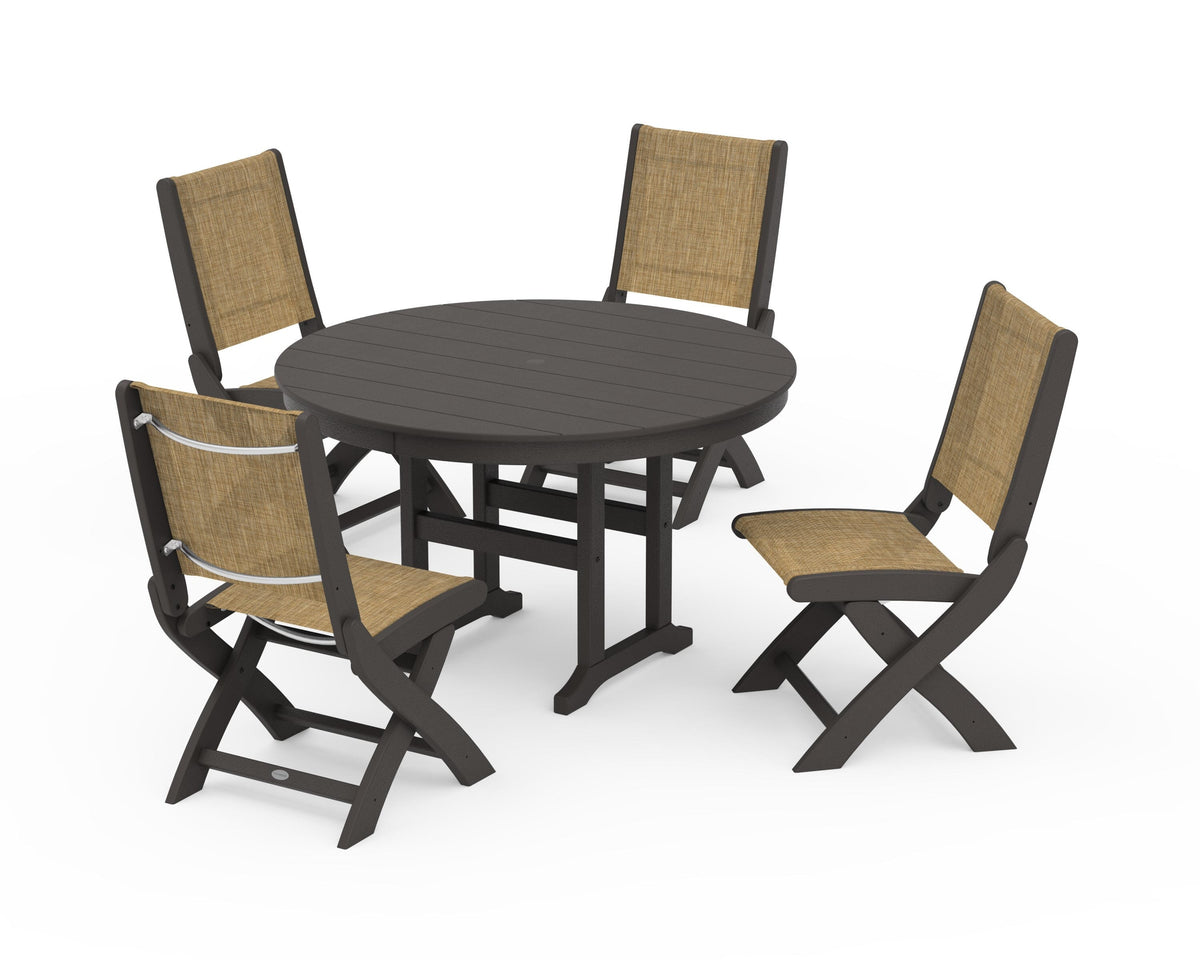 POLYWOOD Coastal Folding Side Chair 5-Piece Round Dining Set in Vintage Coffee / Burlap