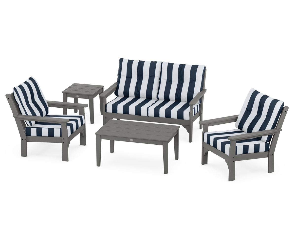 POLYWOOD Vineyard 5-Piece Deep Seating Set with Two Chairs and Loveseat in Slate Grey / Cabana Stripe Marine Indigo
