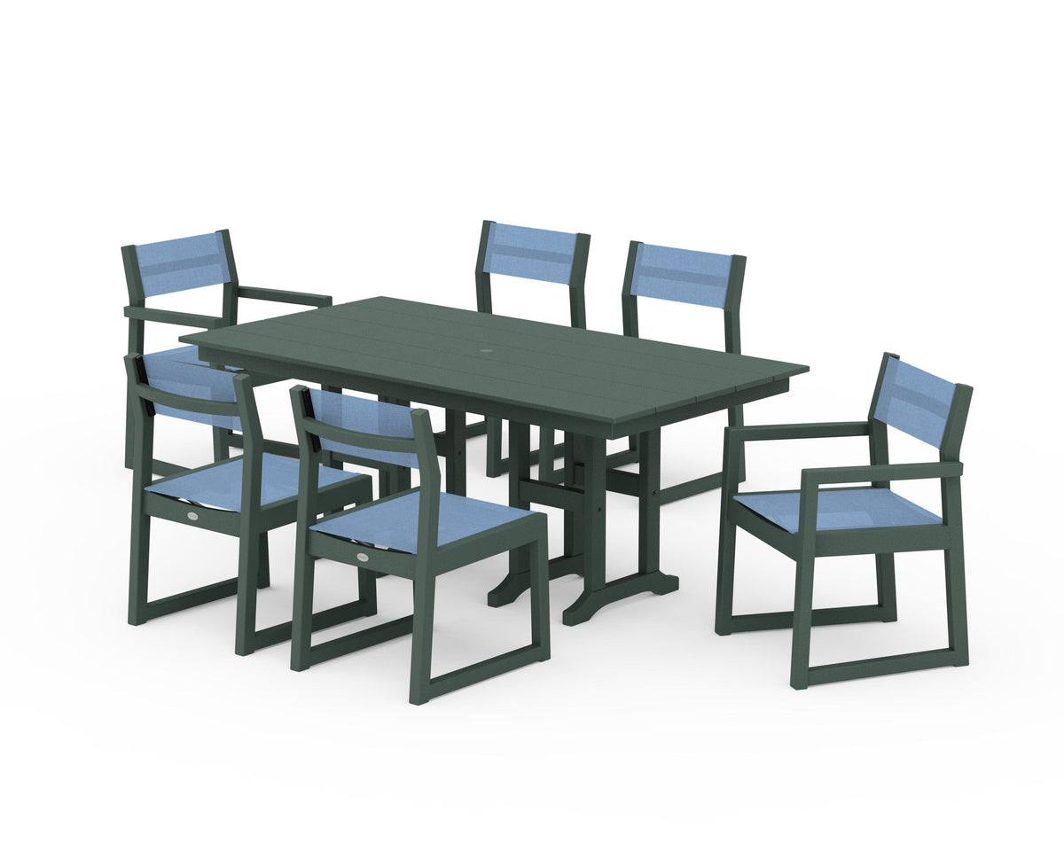 POLYWOOD EDGE Sling 7-Piece Farmhouse Dining Set in Green / Poolside