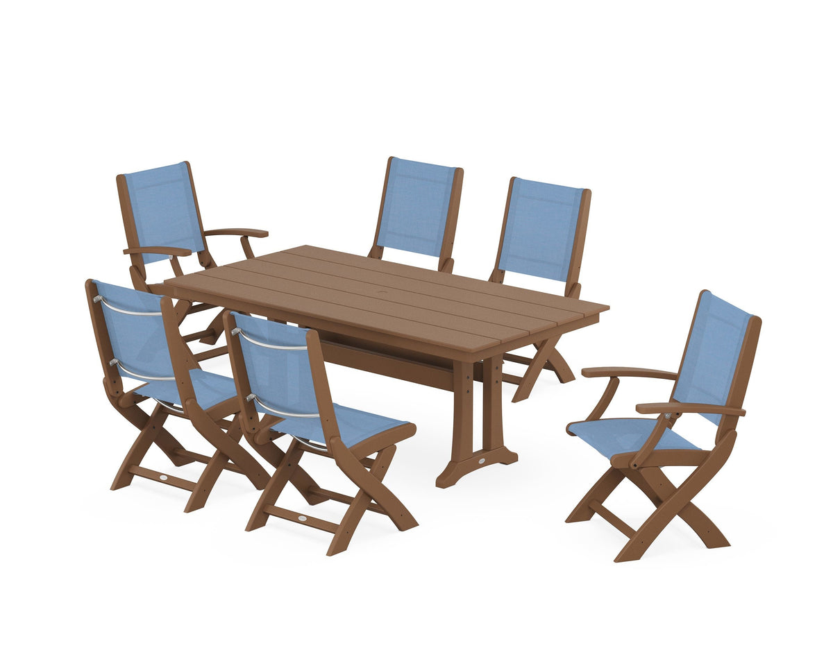 POLYWOOD Coastal Folding Chair 7-Piece Farmhouse Dining Set with Trestle Legs in Teak / Poolside