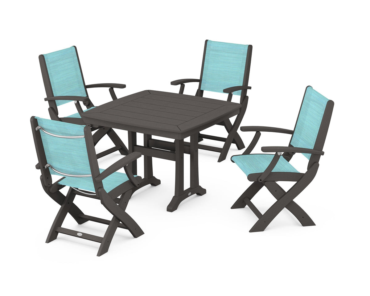 POLYWOOD Coastal Folding Chair 5-Piece Dining Set with Trestle Legs in Vintage Coffee / Dupioni Aquamarine