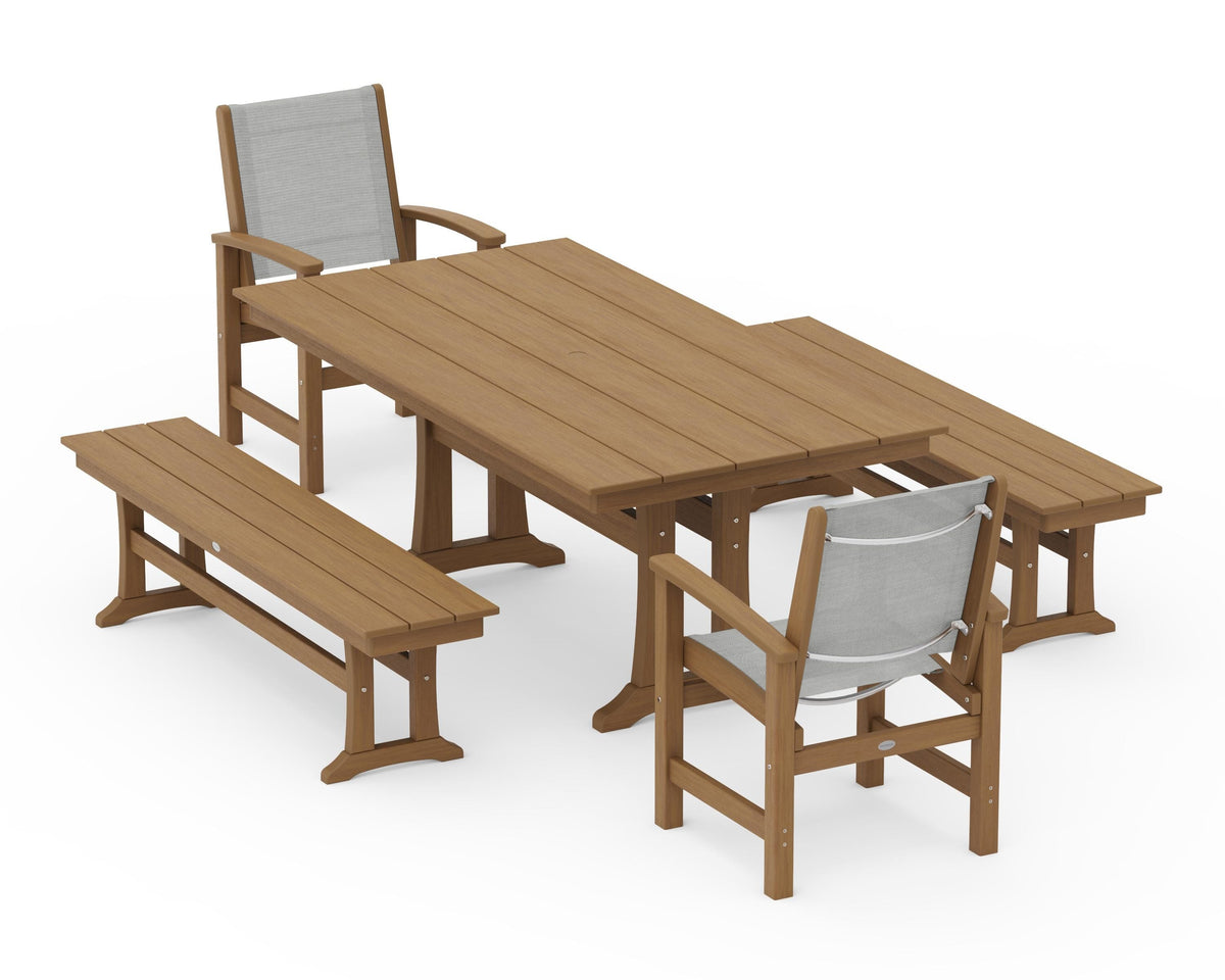 POLYWOOD Coastal 5-Piece Farmhouse Dining Set with Trestle Legs and Benches in Natural / Metallic