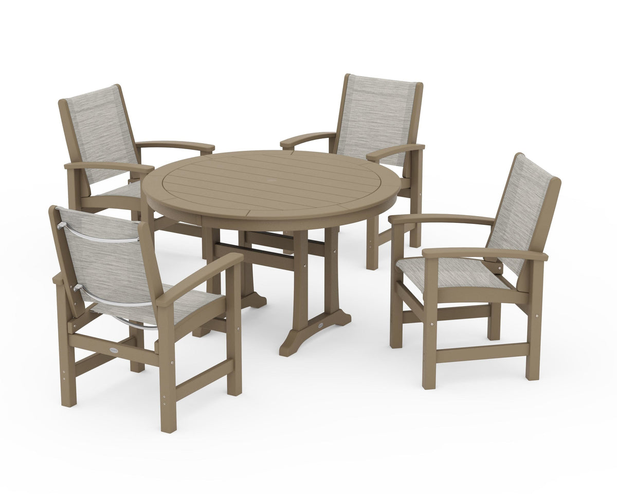 POLYWOOD Coastal 5-Piece Round Dining Set with Trestle Legs in Vintage Sahara / Birch