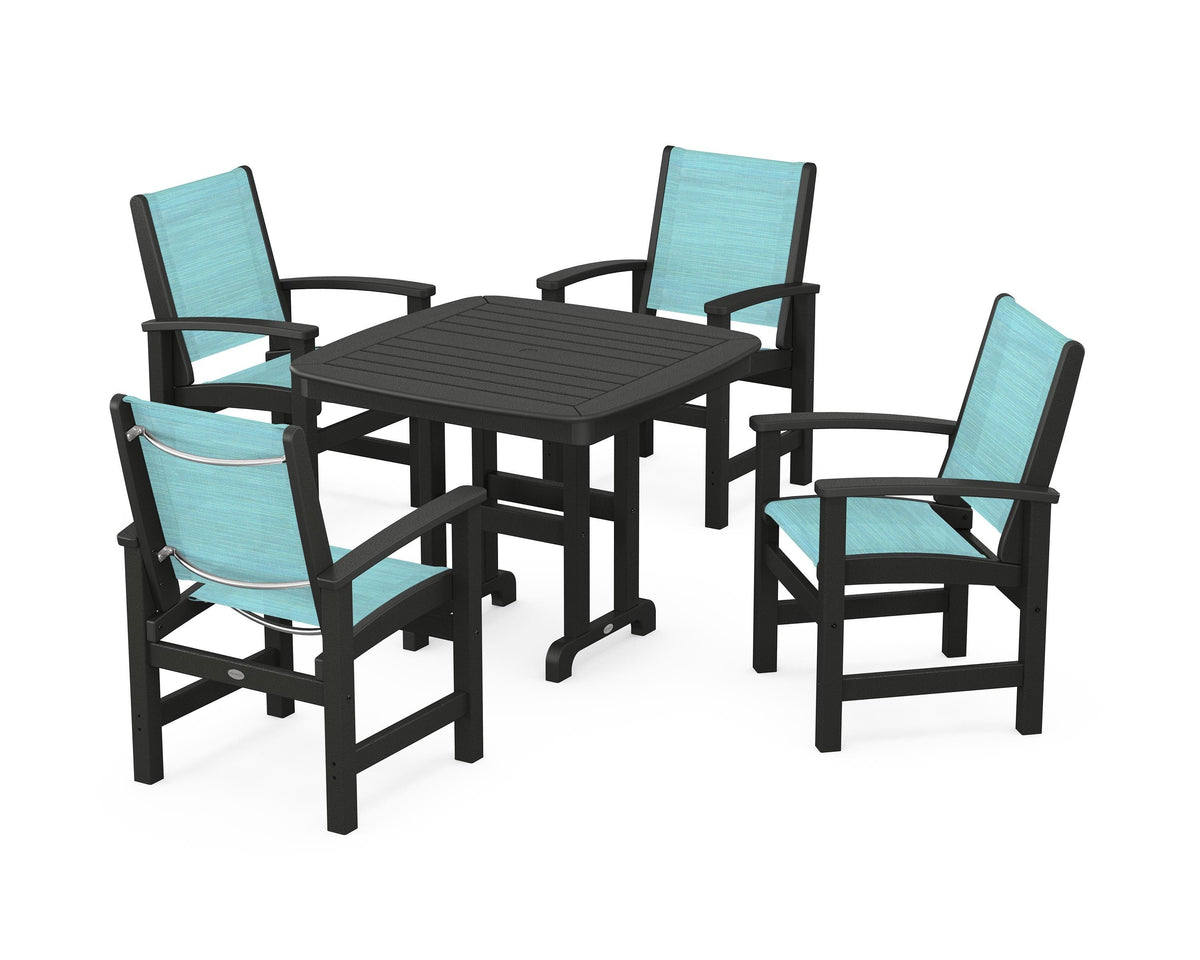 POLYWOOD Coastal 5-Piece Dining Set with Nautical 37" Dining Table in Black / Dupioni Aquamarine
