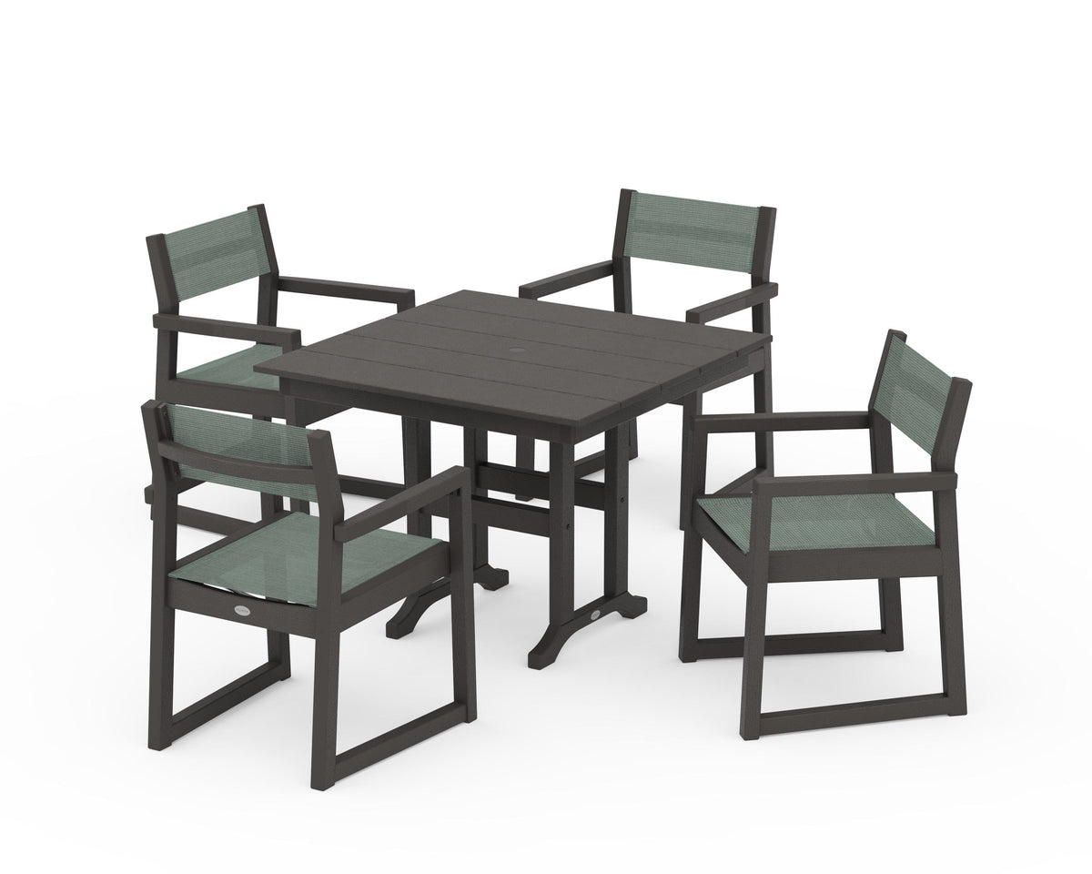 POLYWOOD EDGE Sling Arm Chair 5-Piece Farmhouse Dining Set in Vintage Coffee / Dupioni Sea Mist