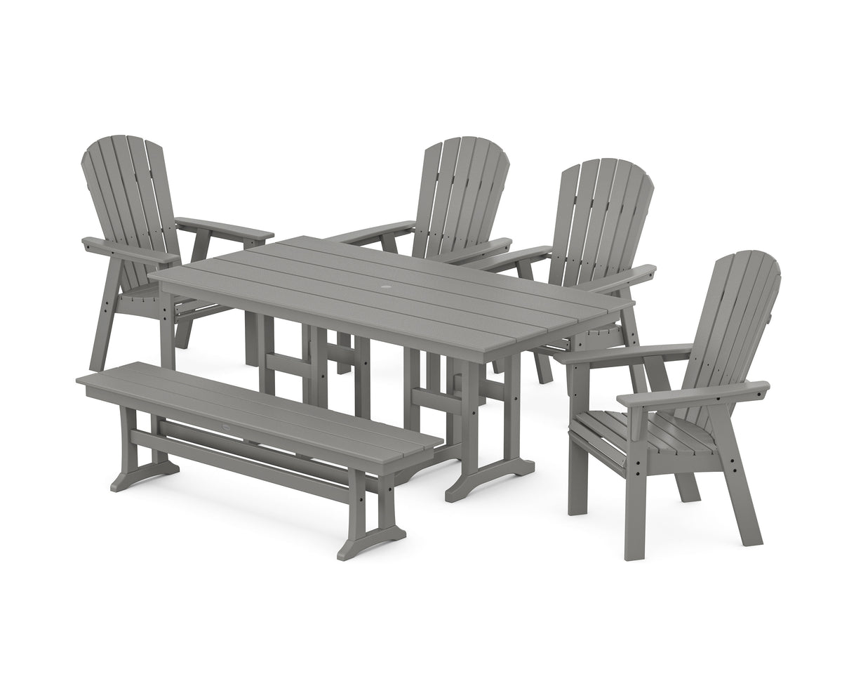 POLYWOOD Nautical Curveback Adirondack 6-Piece Farmhouse Dining Set with Bench in Slate Grey