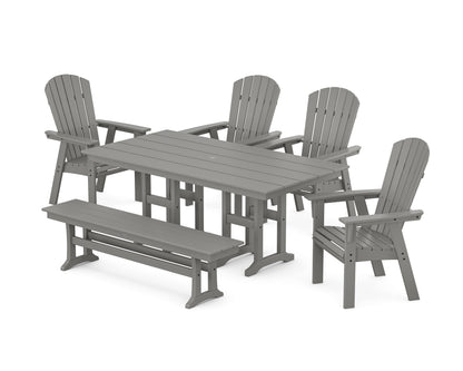 POLYWOOD Nautical Curveback Adirondack 6-Piece Farmhouse Dining Set with Bench in Slate Grey