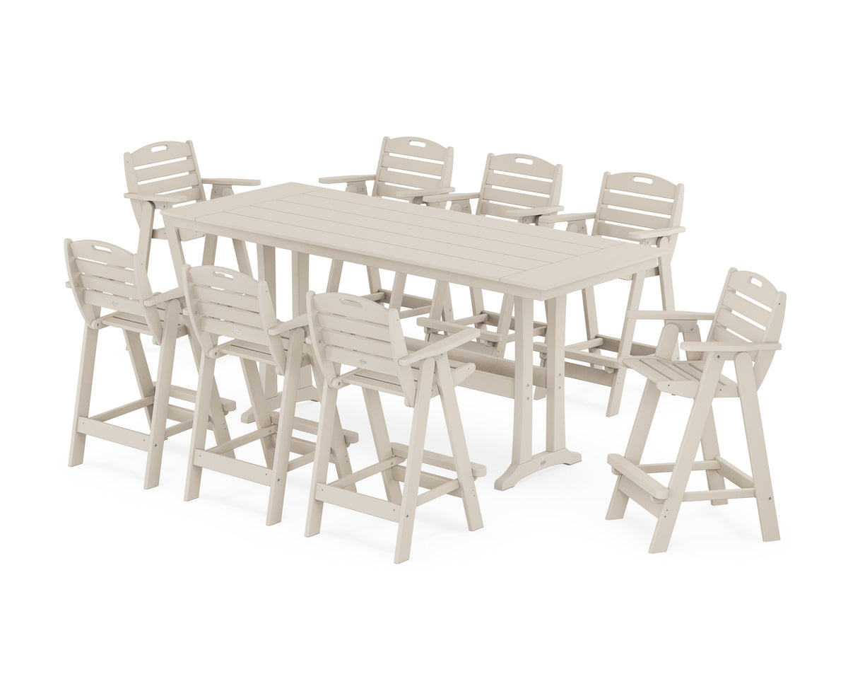 POLYWOOD Nautical 9-Piece Farmhouse Bar Set with Trestle Legs in Sand